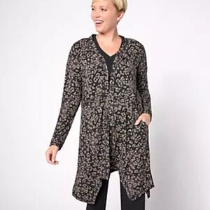 LOGO by Lori Goldstein Animal Print V-Neck Ribbed Duster Cardigan
